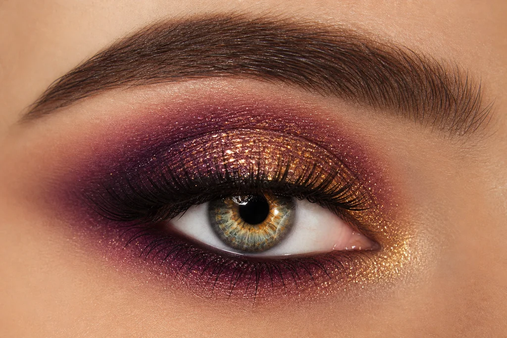 Plum and gold eyeshadow on hazel eyes for evening party makeup