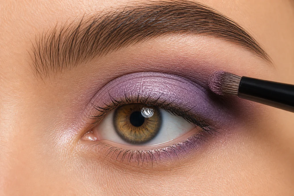 Soft purple shimmer eyeshadow applied on hazel eyes close-up
