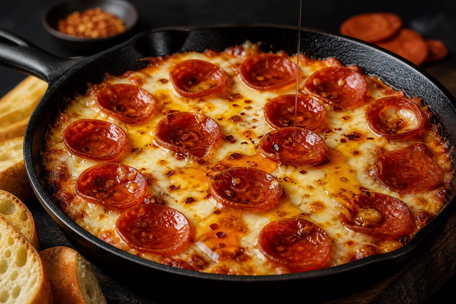 Hot honey pepperoni pizza dip in a cast iron skillet with melted cheese pepperoni cups and hot honey drizzle