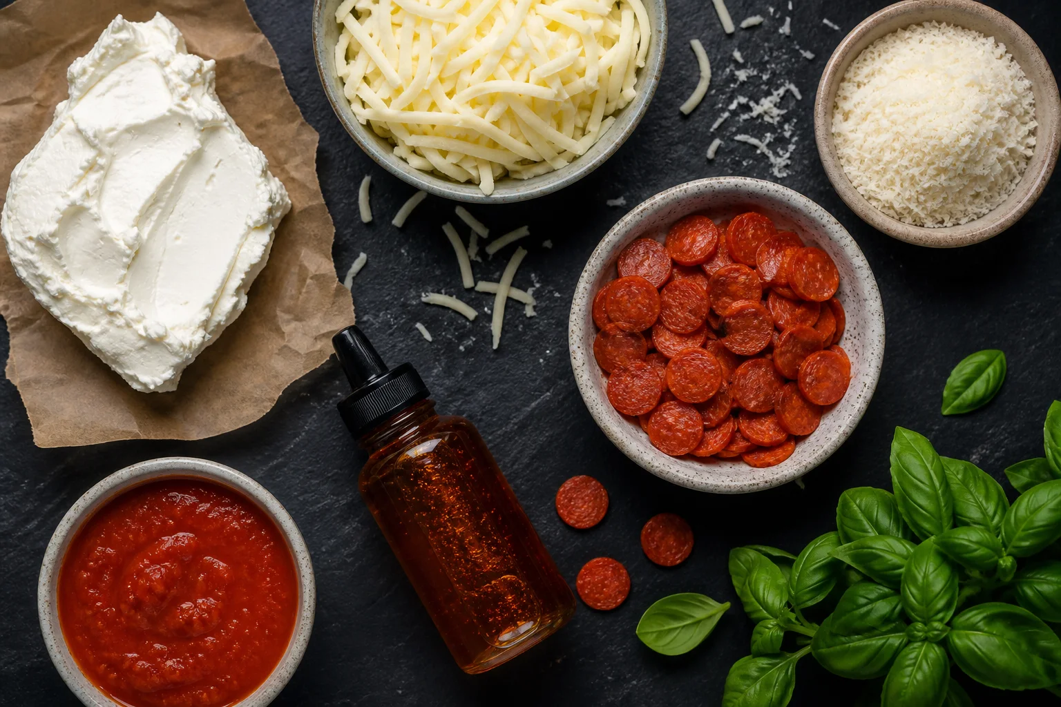 Hot honey pepperoni pizza dip ingredients including cream cheese mozzarella pepperoni pizza sauce and hot honey
