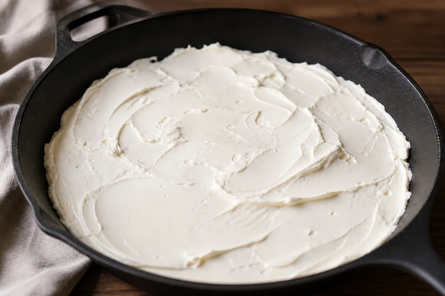 Softened cream cheese spread in an oven safe cast iron skillet for hot honey pepperoni pizza dip