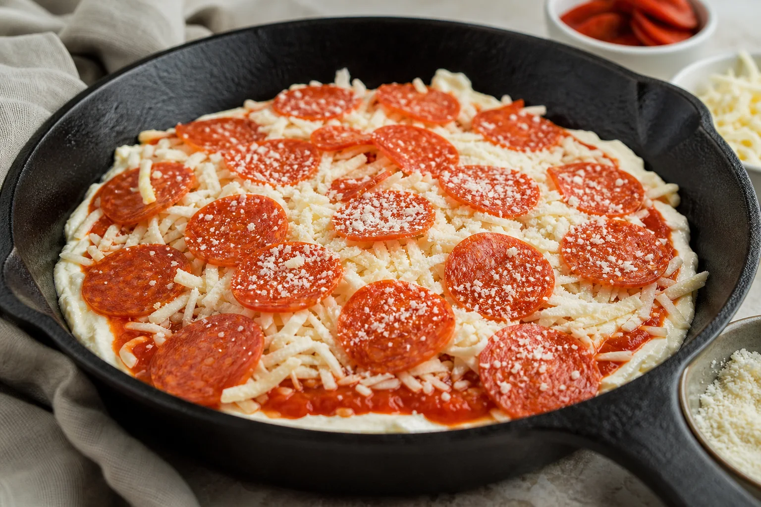 Pizza sauce mozzarella and parmesan layered over cream cheese for pepperoni pizza dip