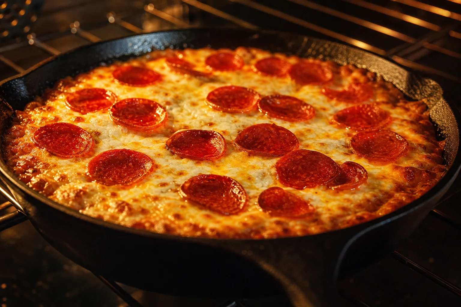 Hot honey pepperoni pizza dip baking bubbly in a cast iron skillet with crisp pepperoni cups