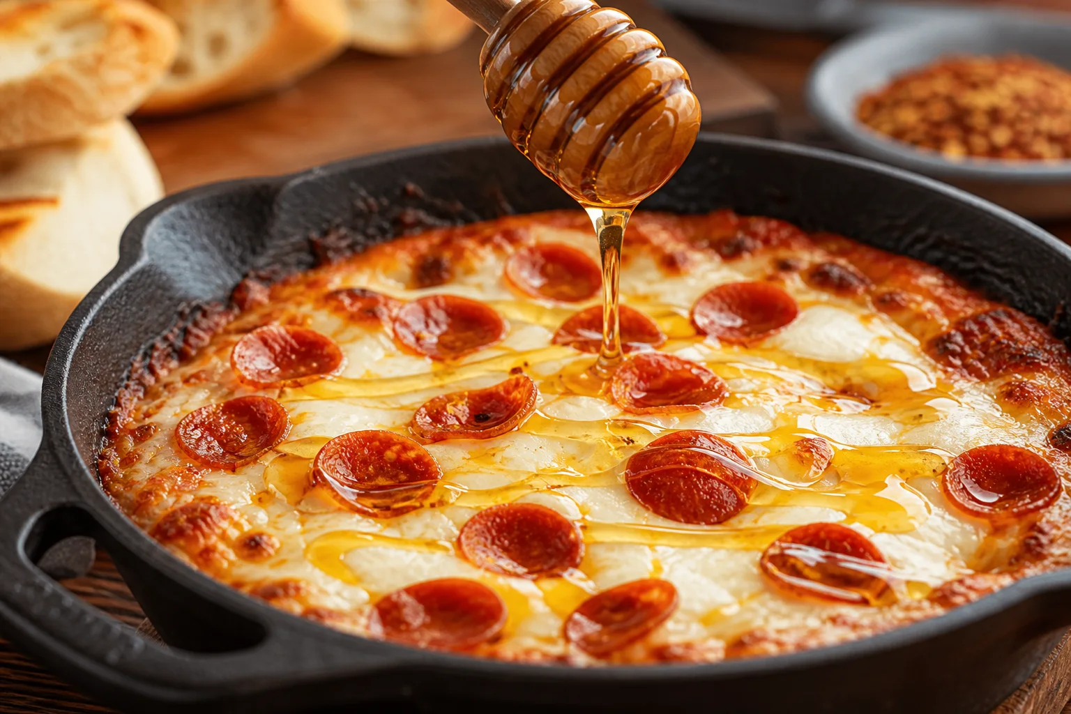 Hot honey being drizzled over baked pepperoni pizza dip with melted mozzarella