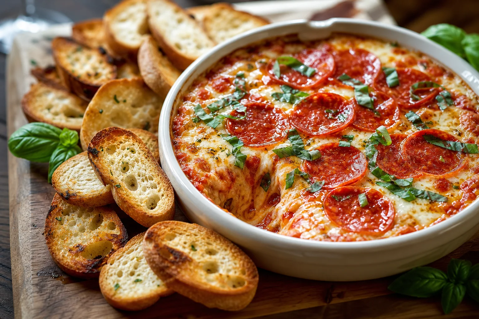 Hot honey pepperoni pizza dip served with toasted baguette slices and fresh basil garnish