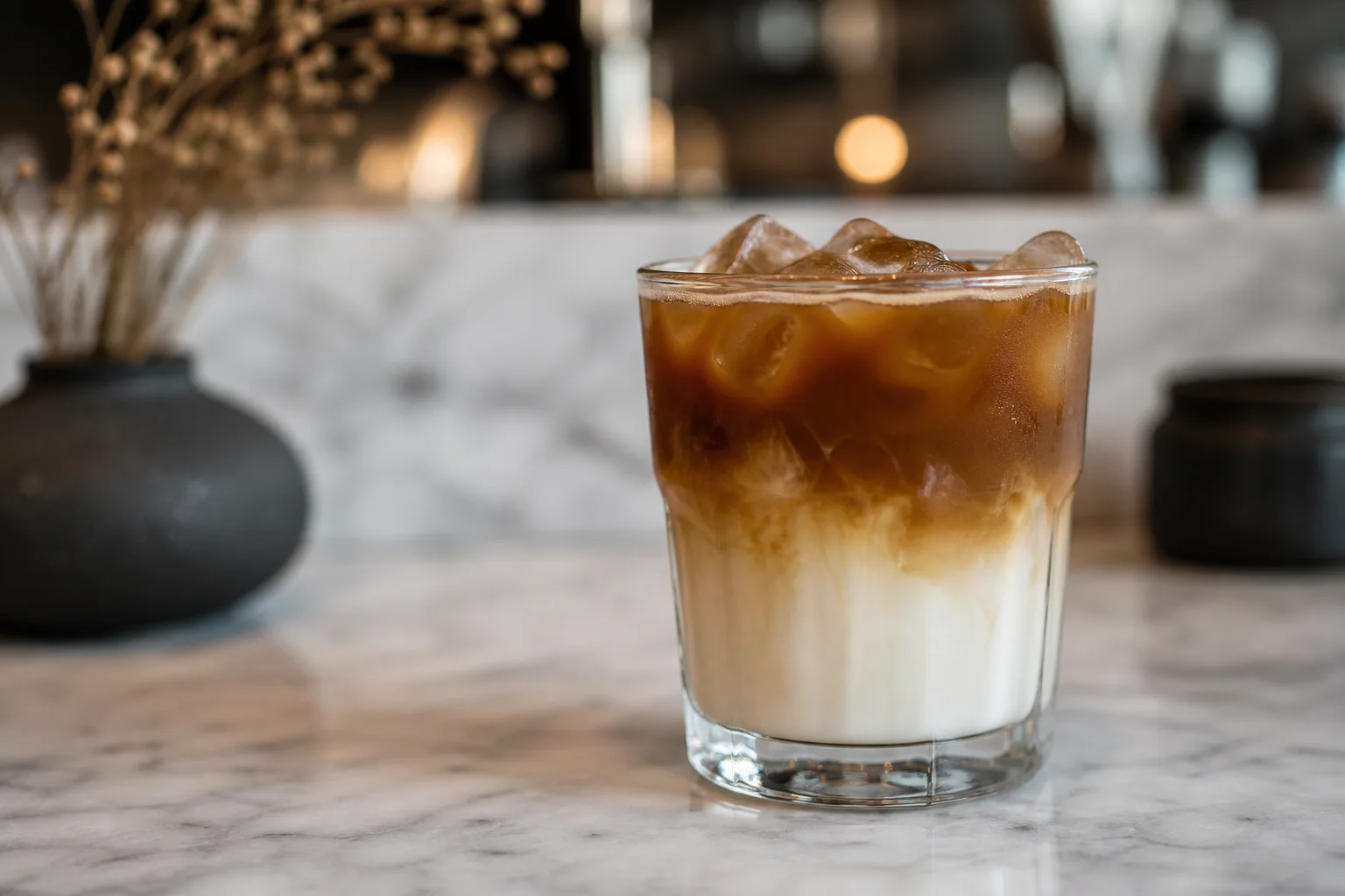 Iced hojicha latte in a clear glass with layered milk and frothy roasted green tea on a marble counter