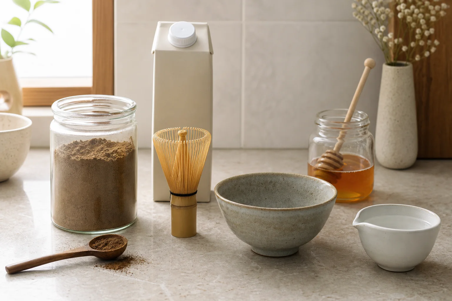 Hojicha latte ingredients including hojicha powder oat milk honey and hot water on a kitchen counter