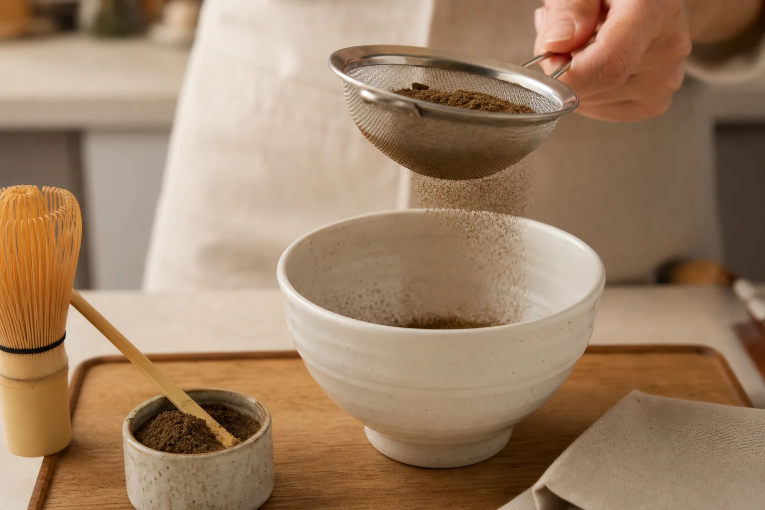 Hojicha powder being sifted through a fine mesh strainer into a ceramic bowl
