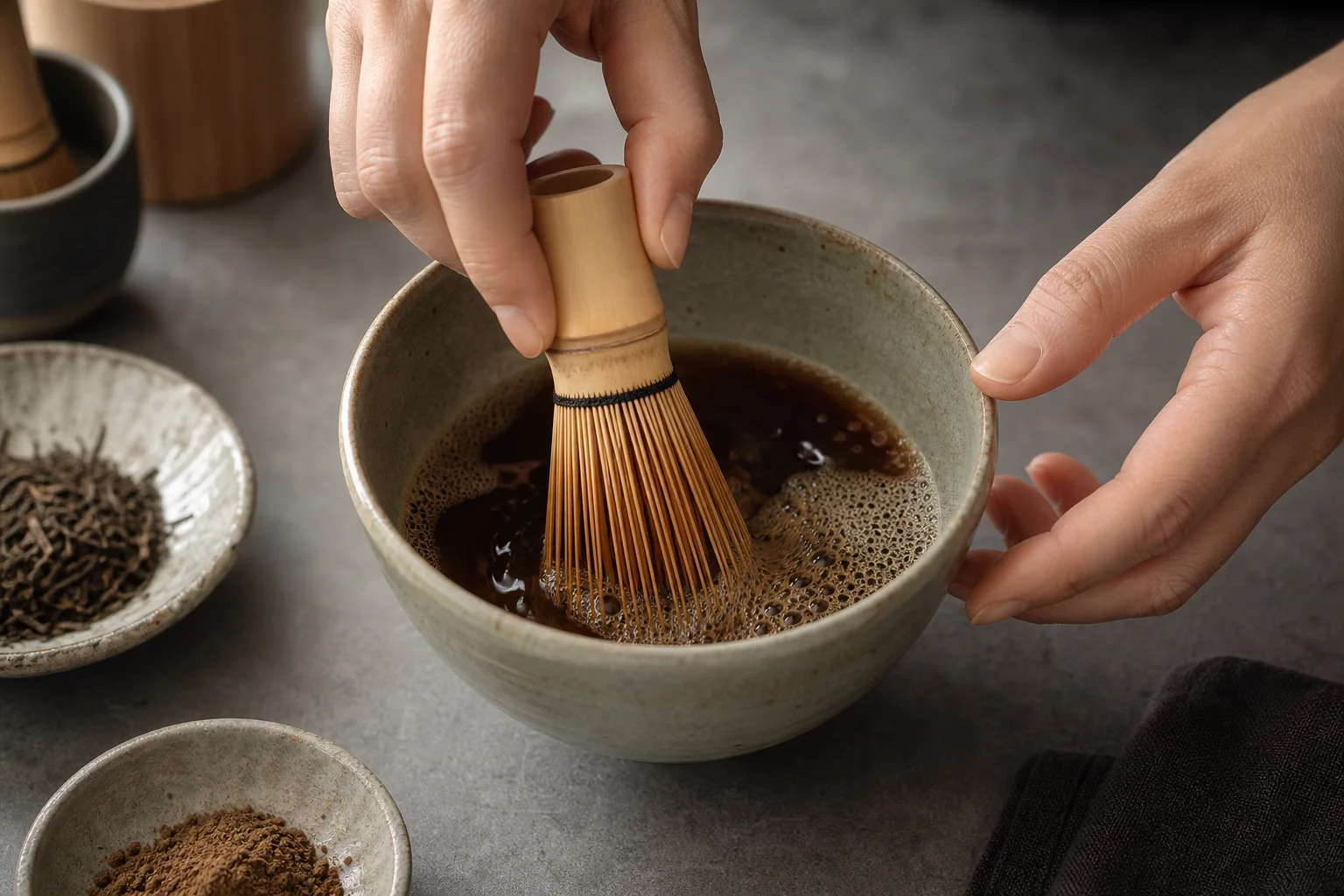 Hojicha powder being whisked with hot water in a ceramic bowl until frothy and smooth