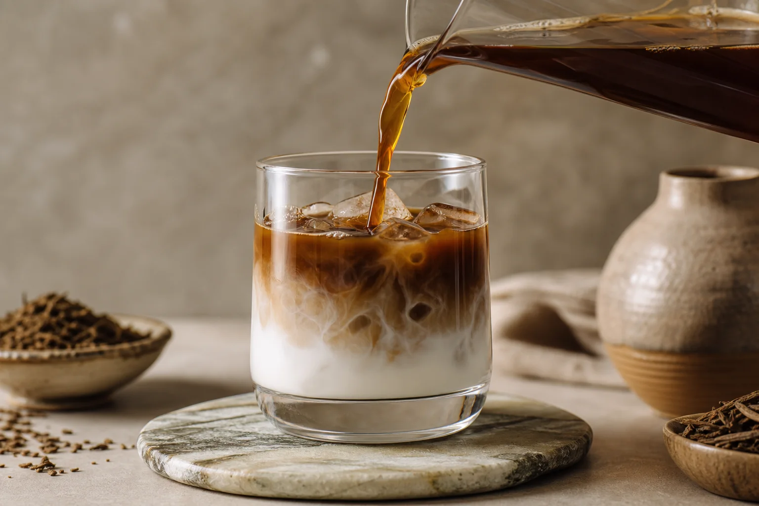Layered iced hojicha latte in a clear glass with ice milk and dark roasted tea concentrate