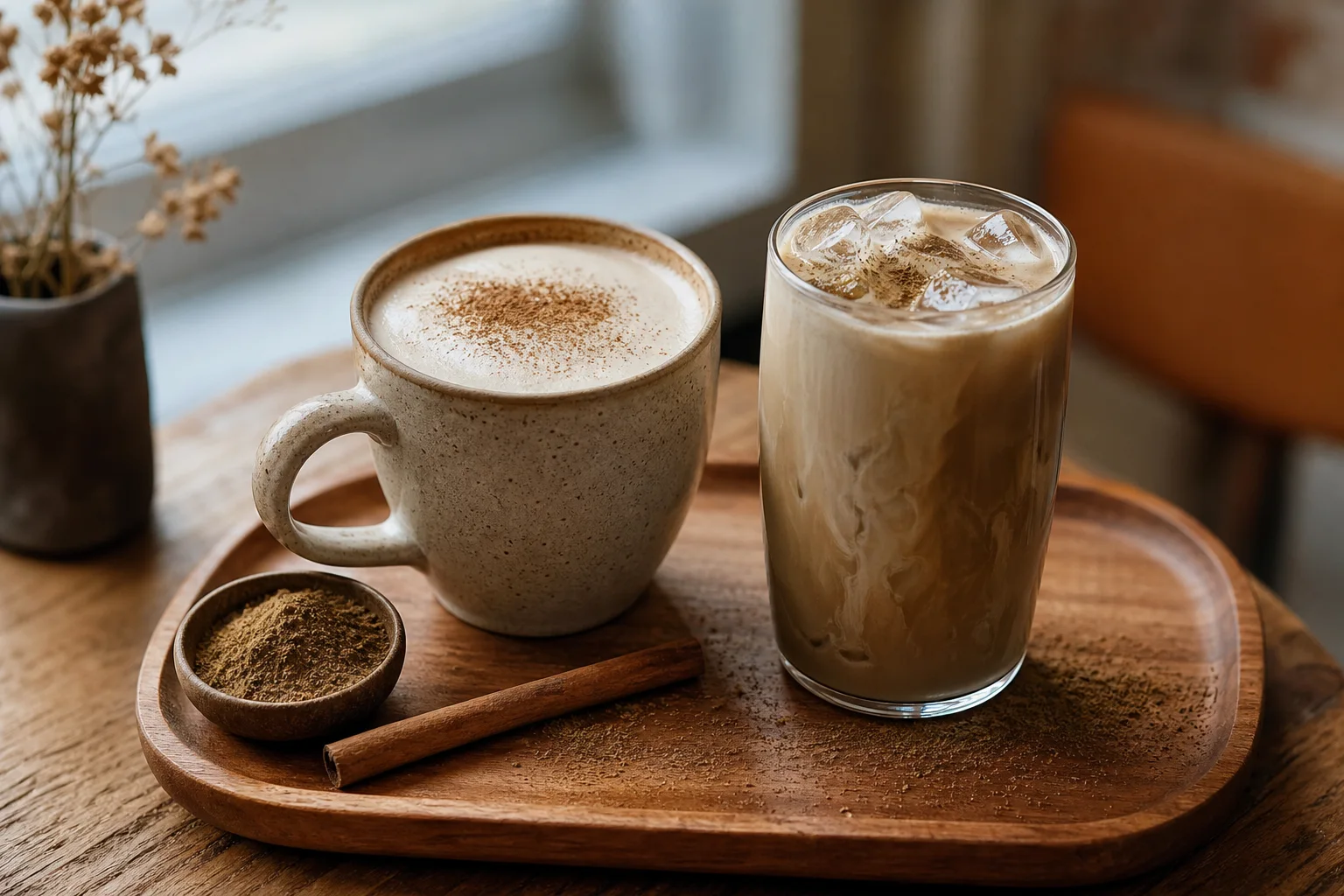 Hot and iced hojicha lattes served on a wooden tray with cinnamon and hojicha powder garnish