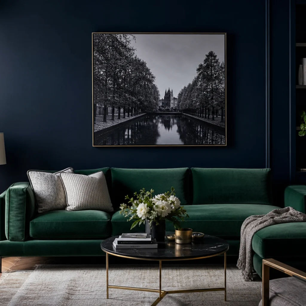 Living room with bold navy blue accent wall and dramatic depth in the color palette