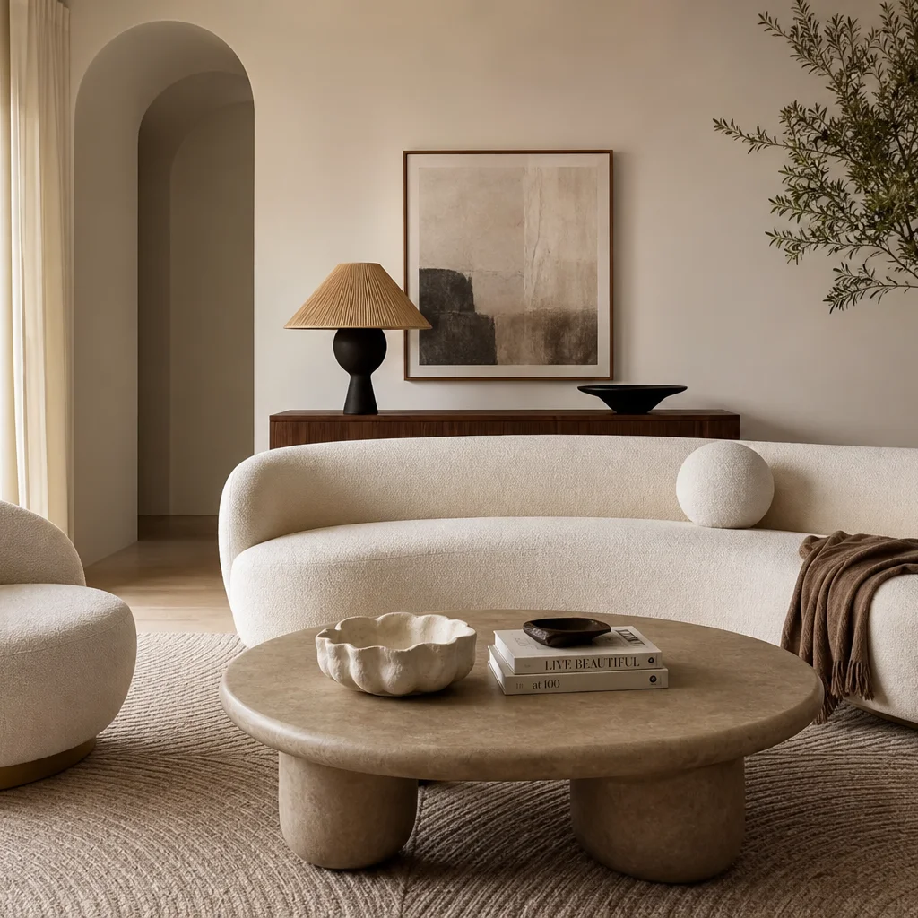 Modern living room with curved boucle sofa and rounded organic furniture shapes