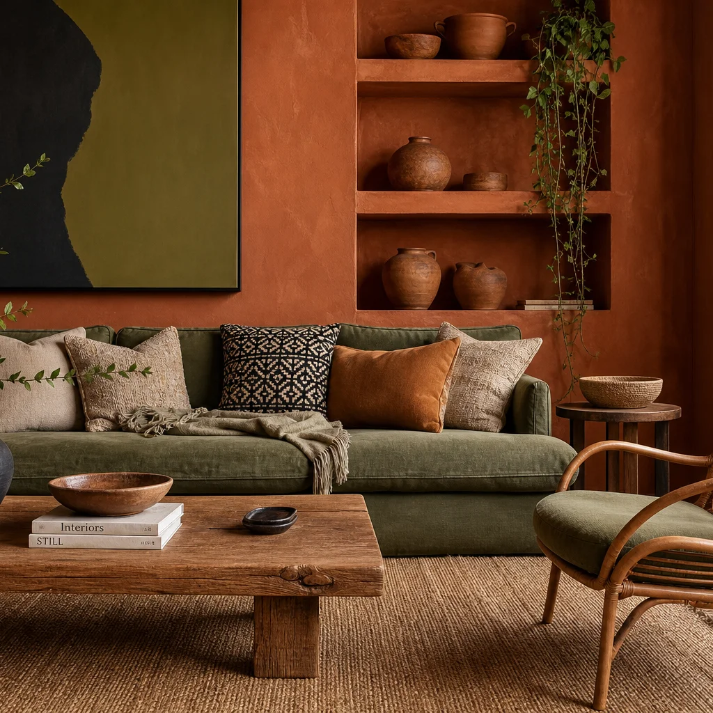 Living room with earthy terracotta tones, olive green accents, natural wood, rattan, and clay decor