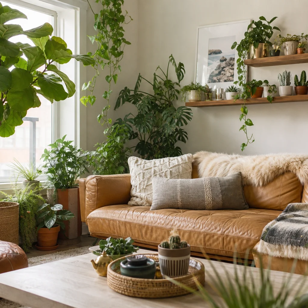 Bright living room filled with layered indoor plants including fiddle leaf fig and pothos