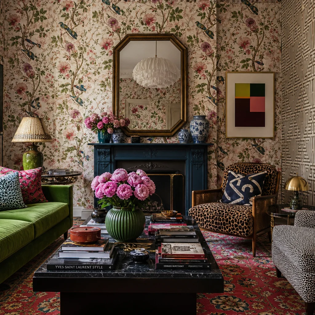 Maximalist living room with bold floral and geometric patterned wallpaper, rug, and cushions