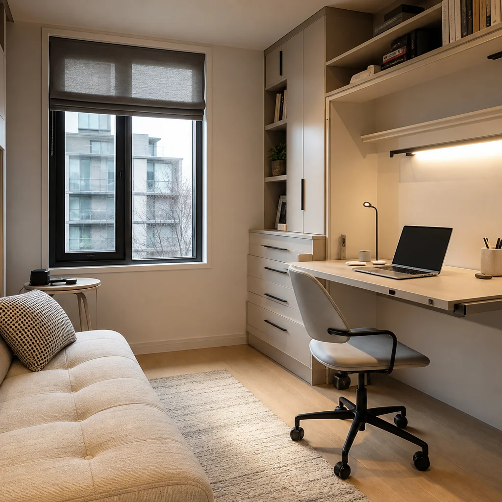 Small apartment home office with foldable desk and multi-functional space-saving furniture