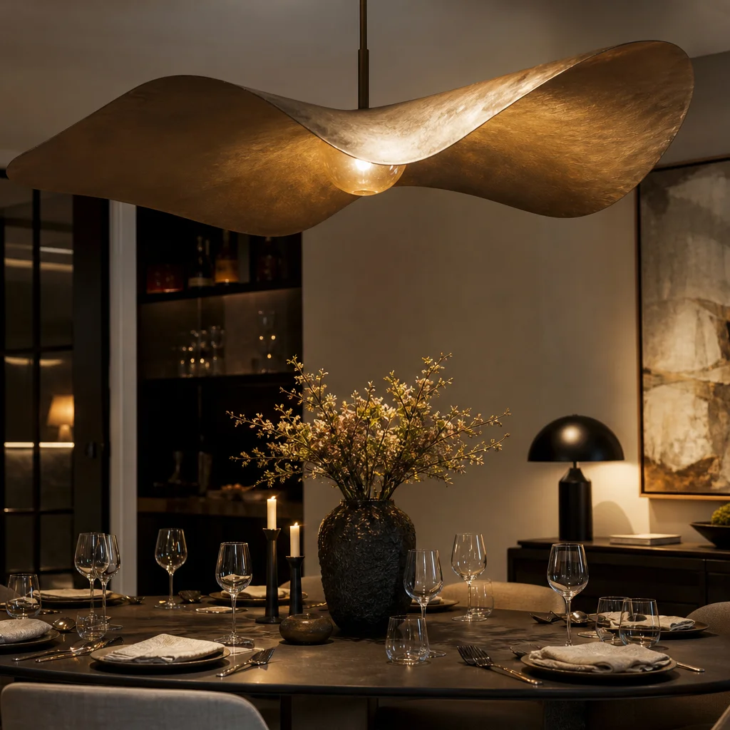 Dining room with oversized sculptural pendant light as a dramatic statement lighting fixture