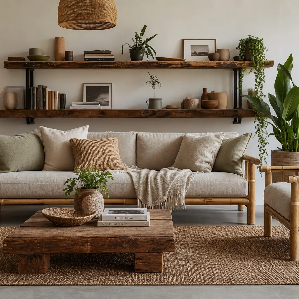 Sustainable living room with bamboo furniture, recycled wood shelves, and organic linen textiles