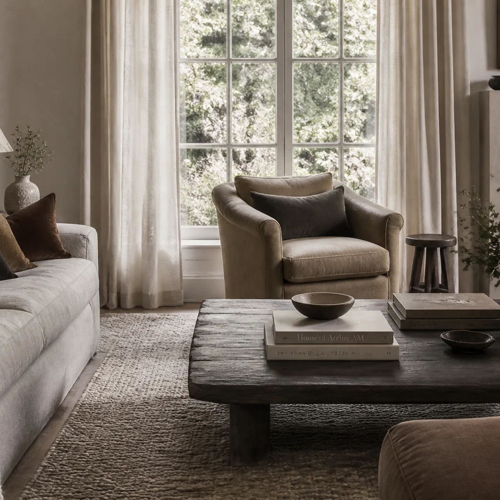 Neutral living room emphasizing layered wool, velvet, and linen textures over bold color