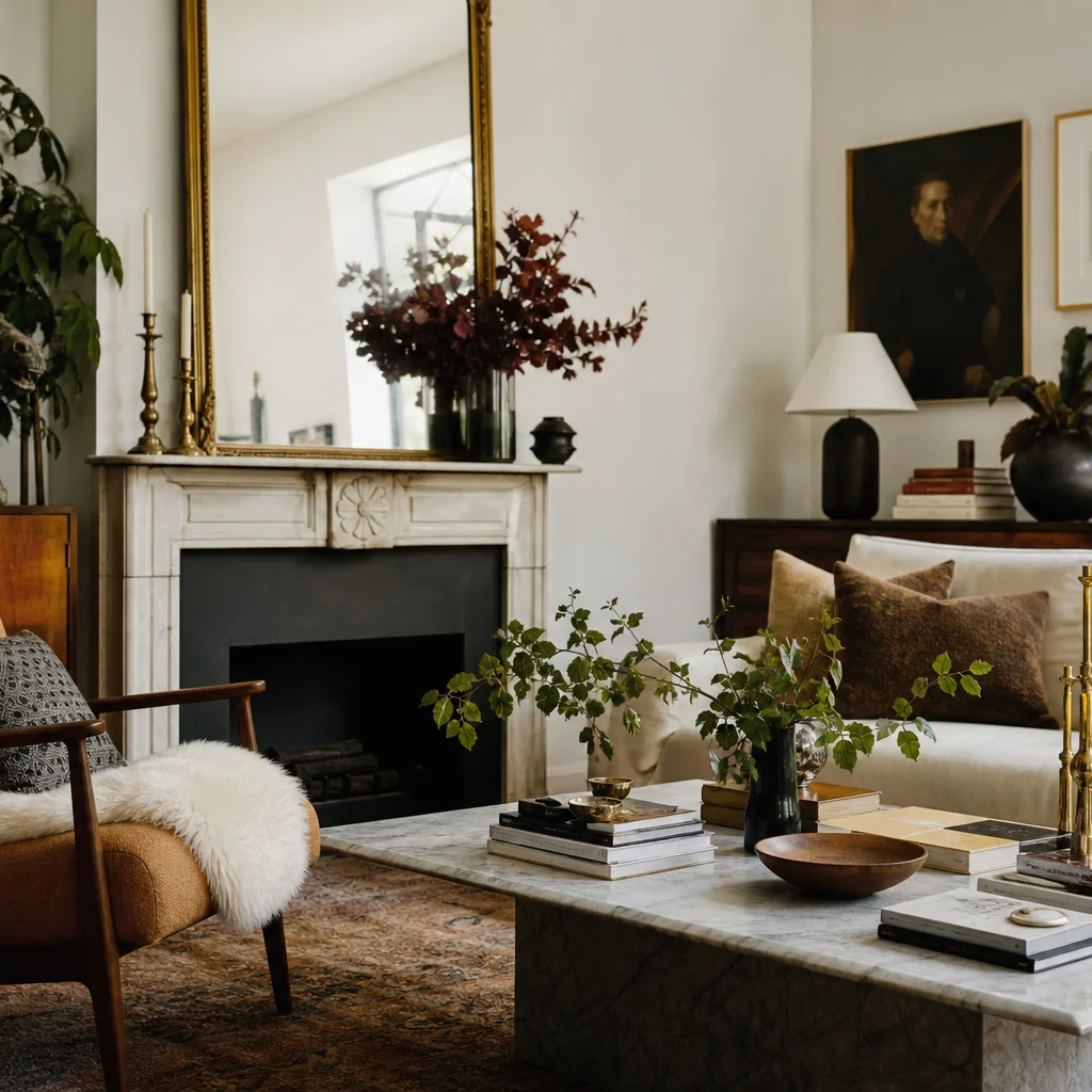 Eclectic living room mixing vintage antique mirror and retro armchair with modern furniture