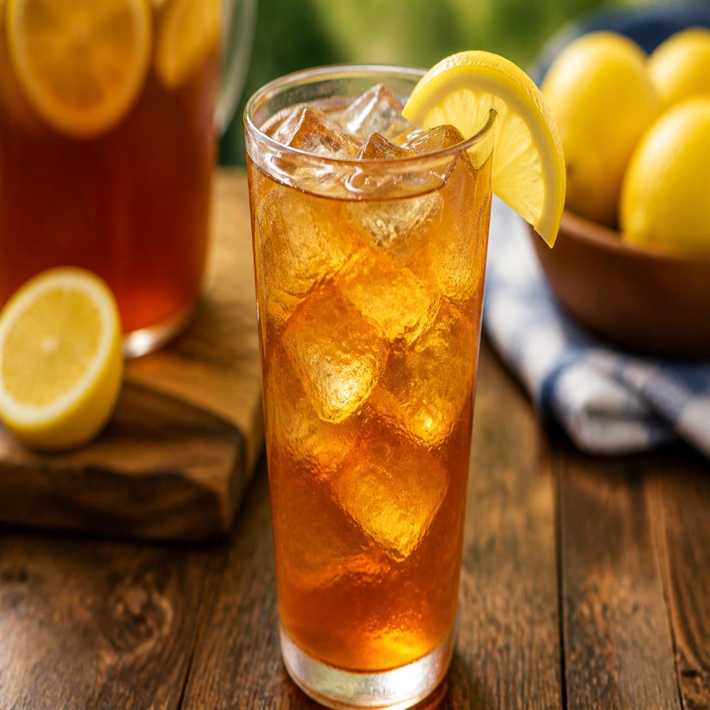 Classic Southern sweet iced tea with lemon wedge and ice