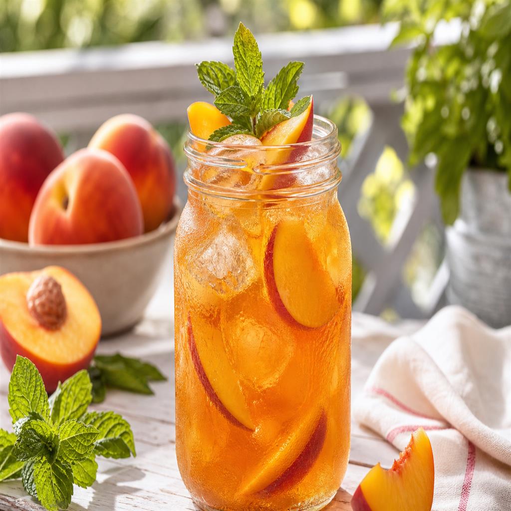 Peach mint iced tea in mason jar with fresh fruit garnish