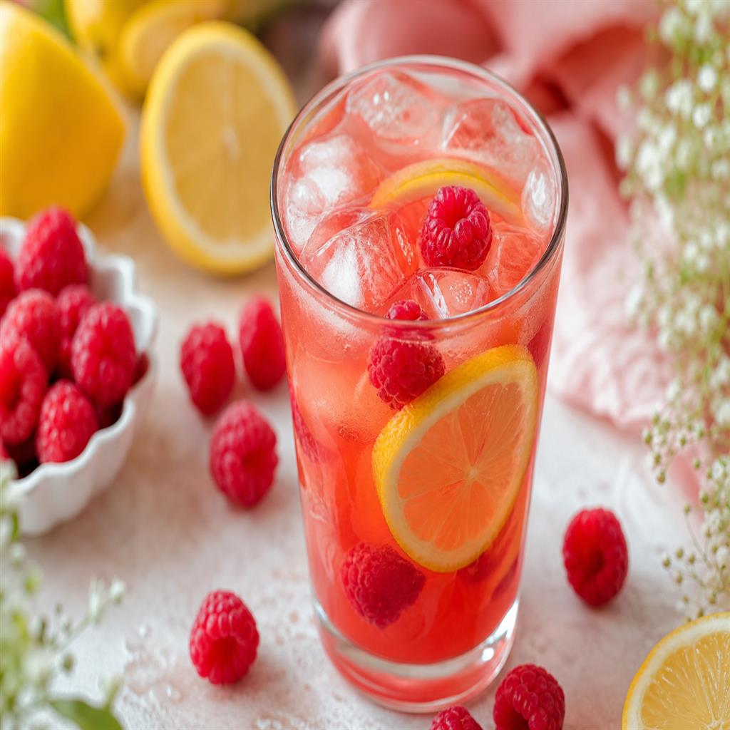 Raspberry lemon iced tea with berries and citrus slices