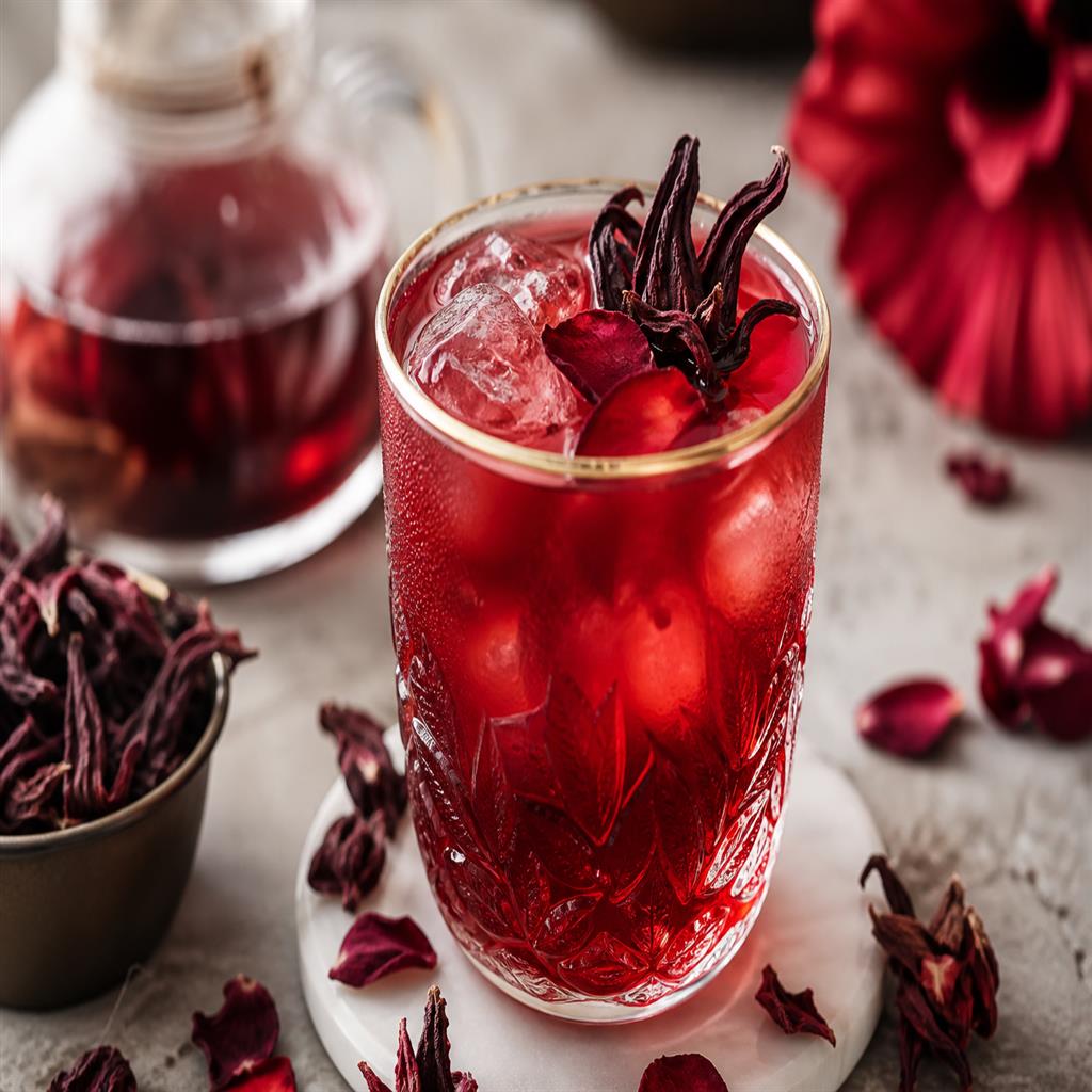 Hibiscus rose iced tea with deep ruby red color