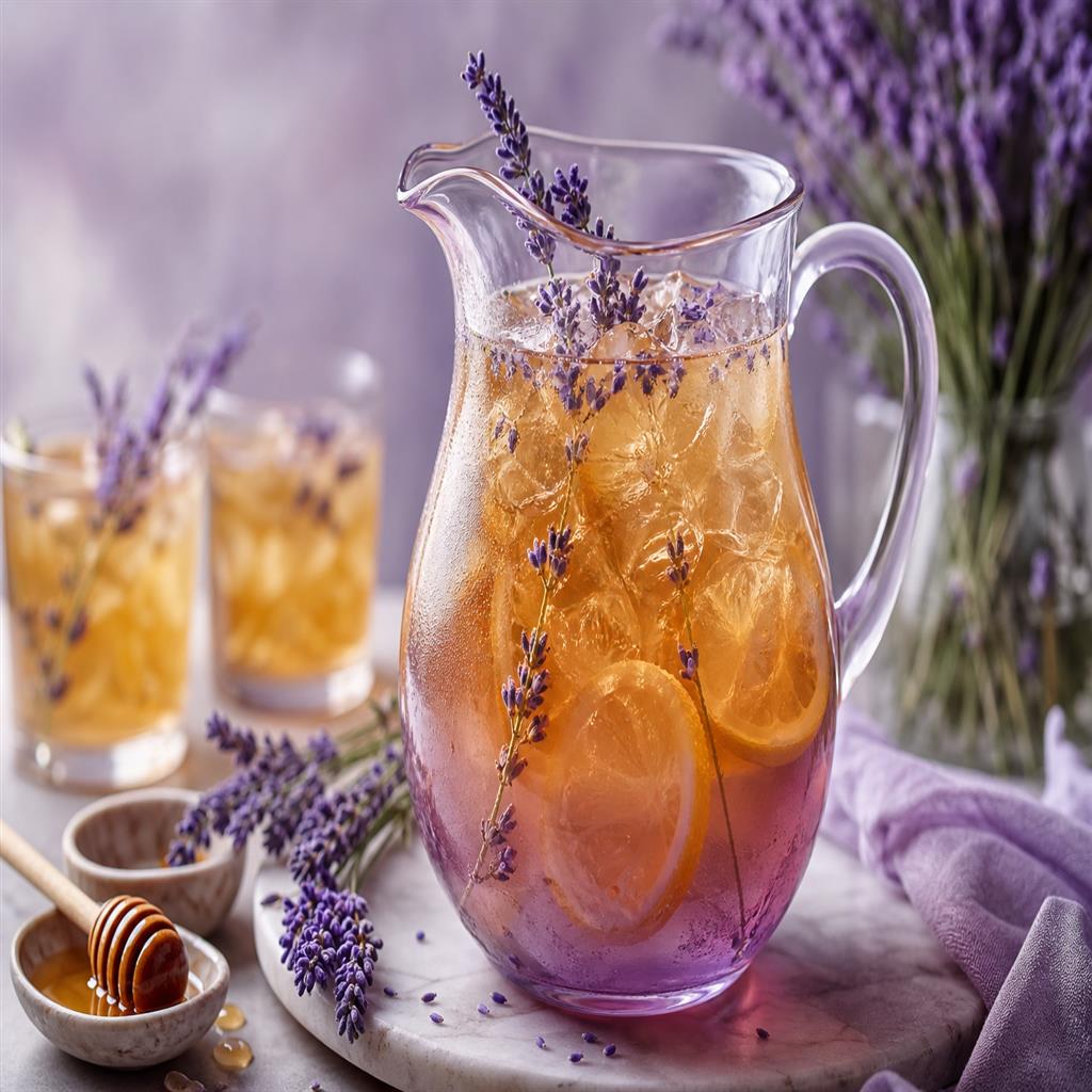 Lavender honey iced tea with floral purple tint