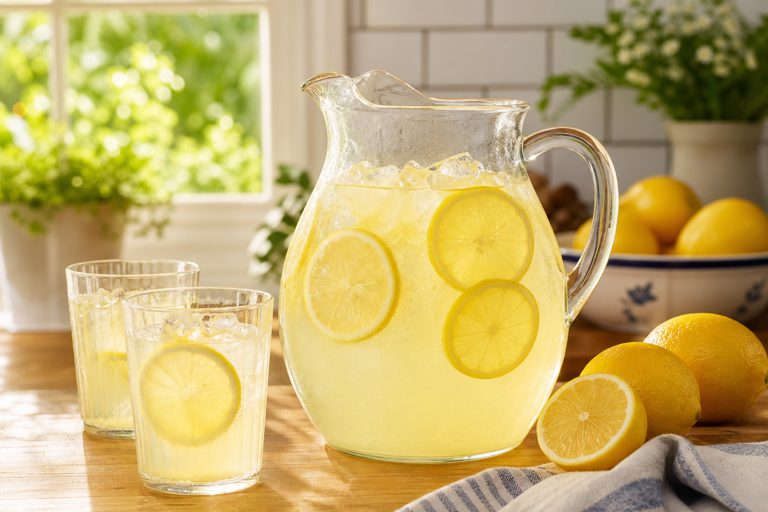 Classic old-fashioned lemonade with fresh lemon slices and ice in a glass pitcher