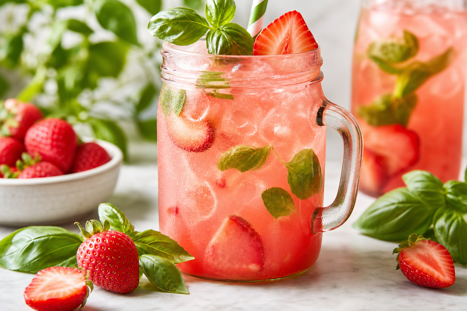 Strawberry basil lemonade in mason jar with fresh berries and green basil leaves
