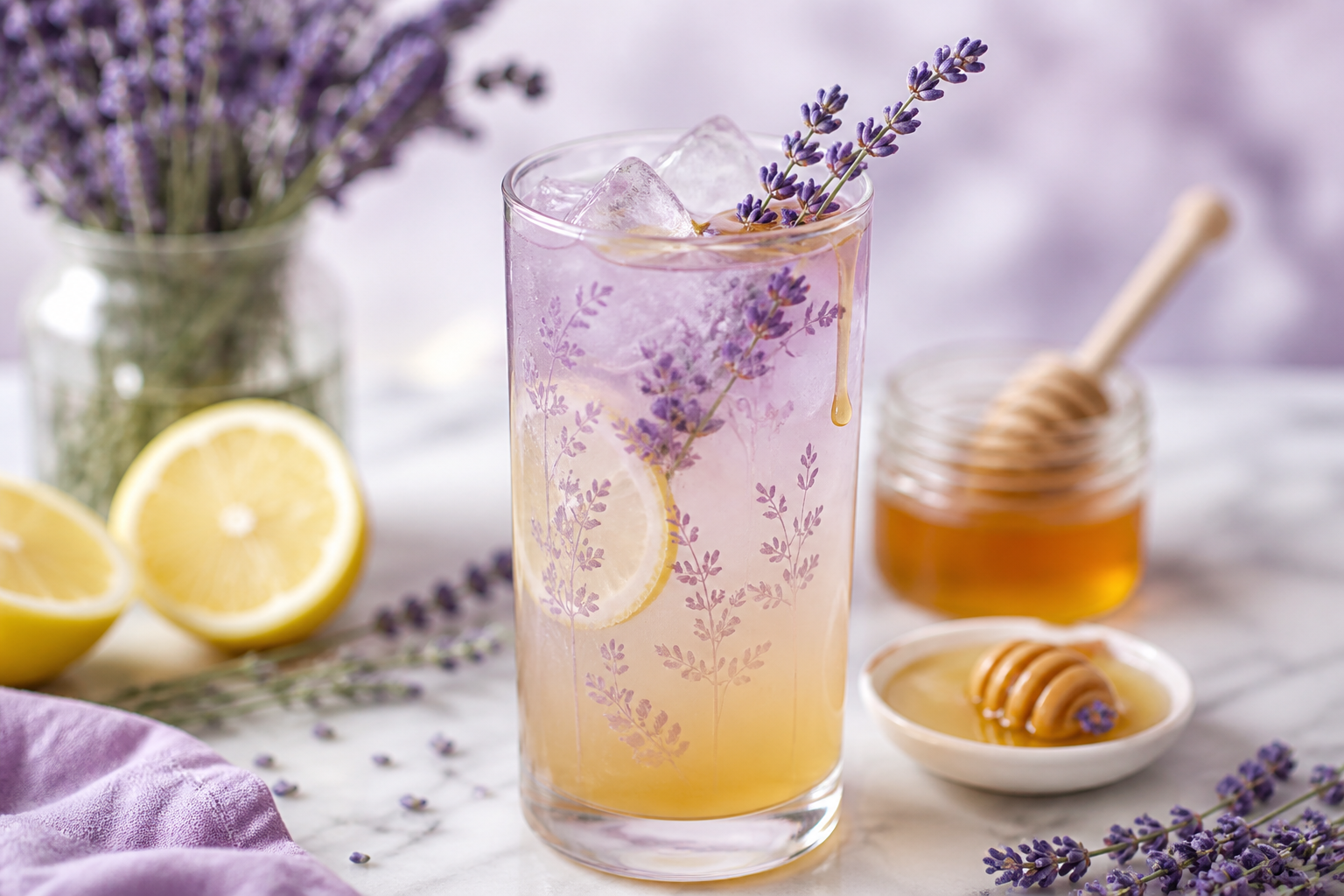 Lavender honey lemonade with soft purple tint and floral garnish
