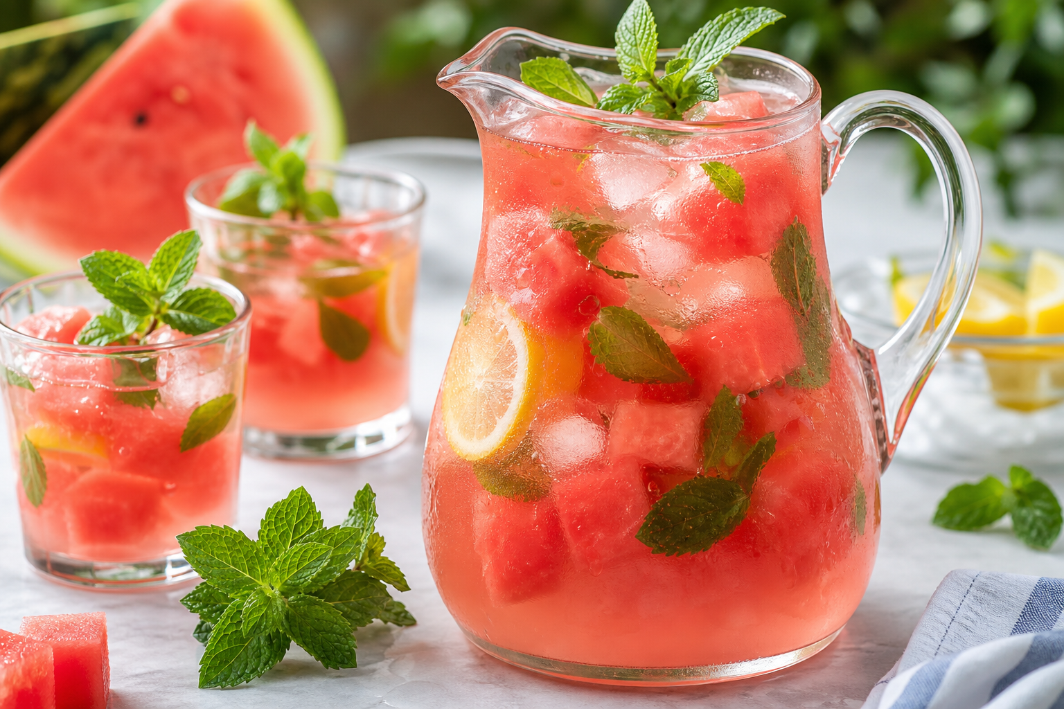 Watermelon mint lemonade with pink cubes and fresh mint sprigs