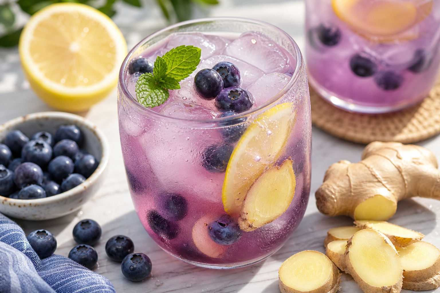 Blueberry ginger lemonade with deep purple berries and ginger slices