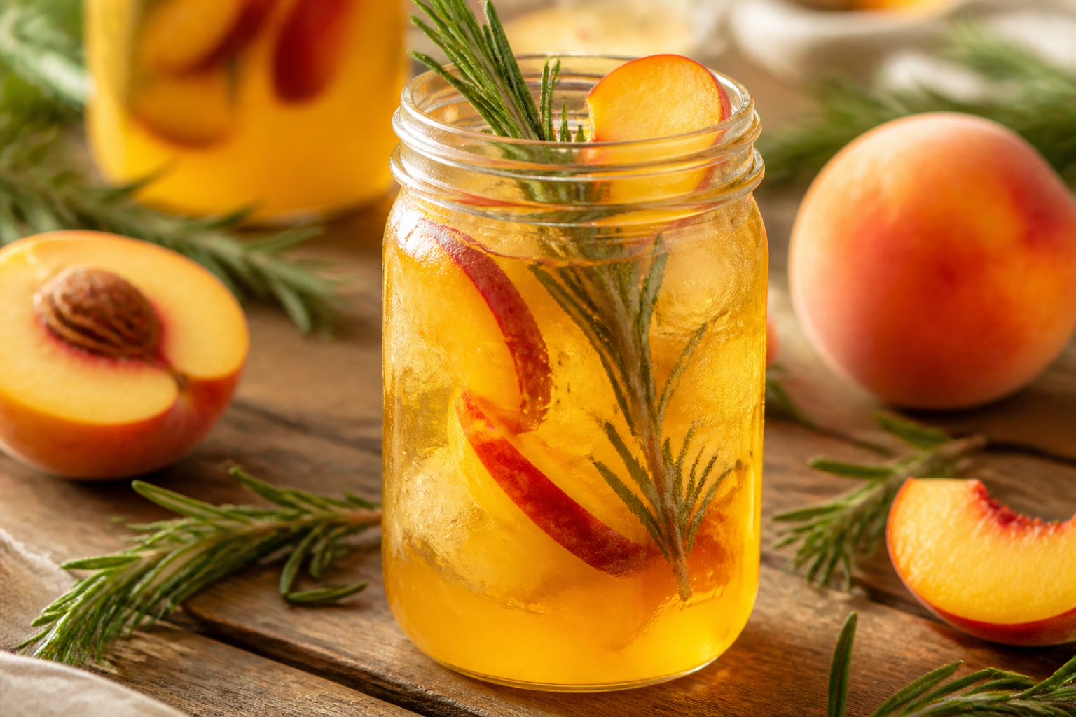 Peach rosemary lemonade with golden peach slices and herb sprig