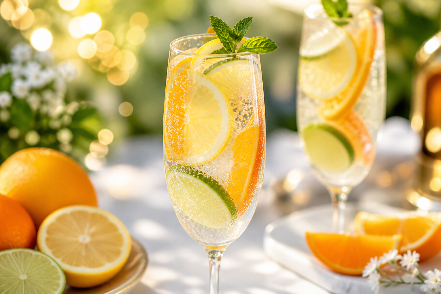 Sparkling citrus lemonade with bubbles and mixed citrus slices