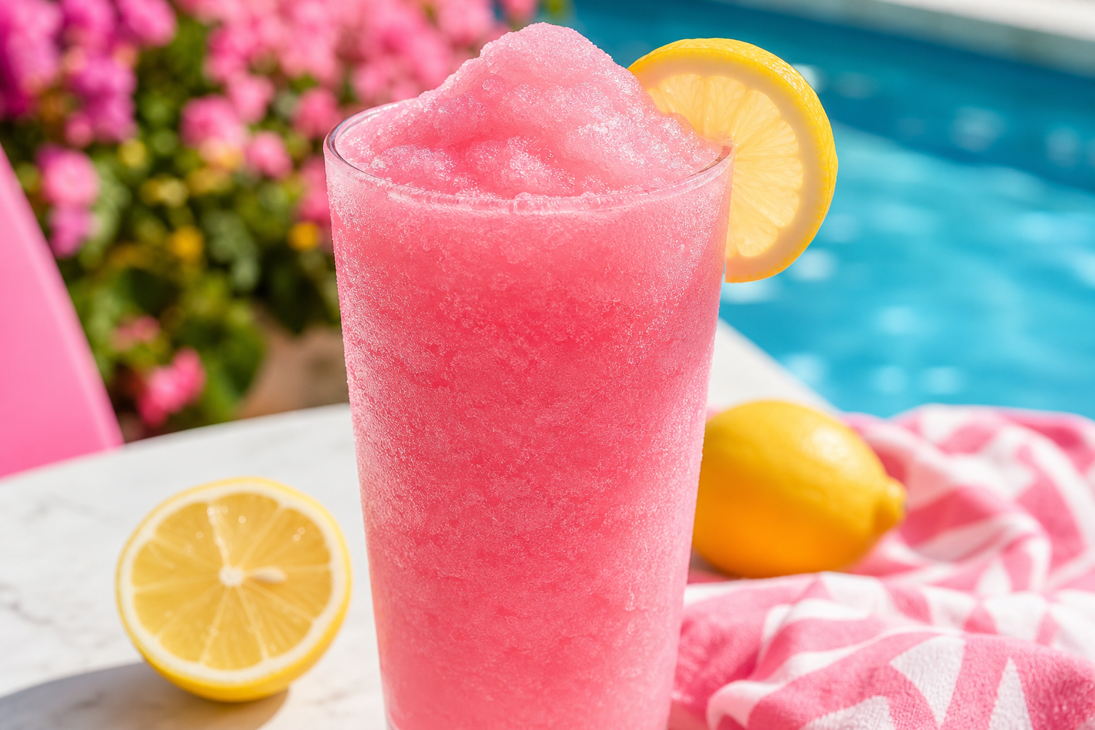 Frozen pink lemonade slush with frosty texture and lemon wedge