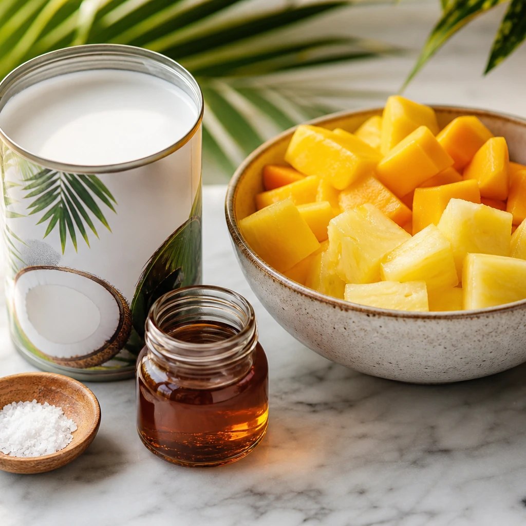 Coconut milk and tropical fruit ingredients for dairy-free popsicles