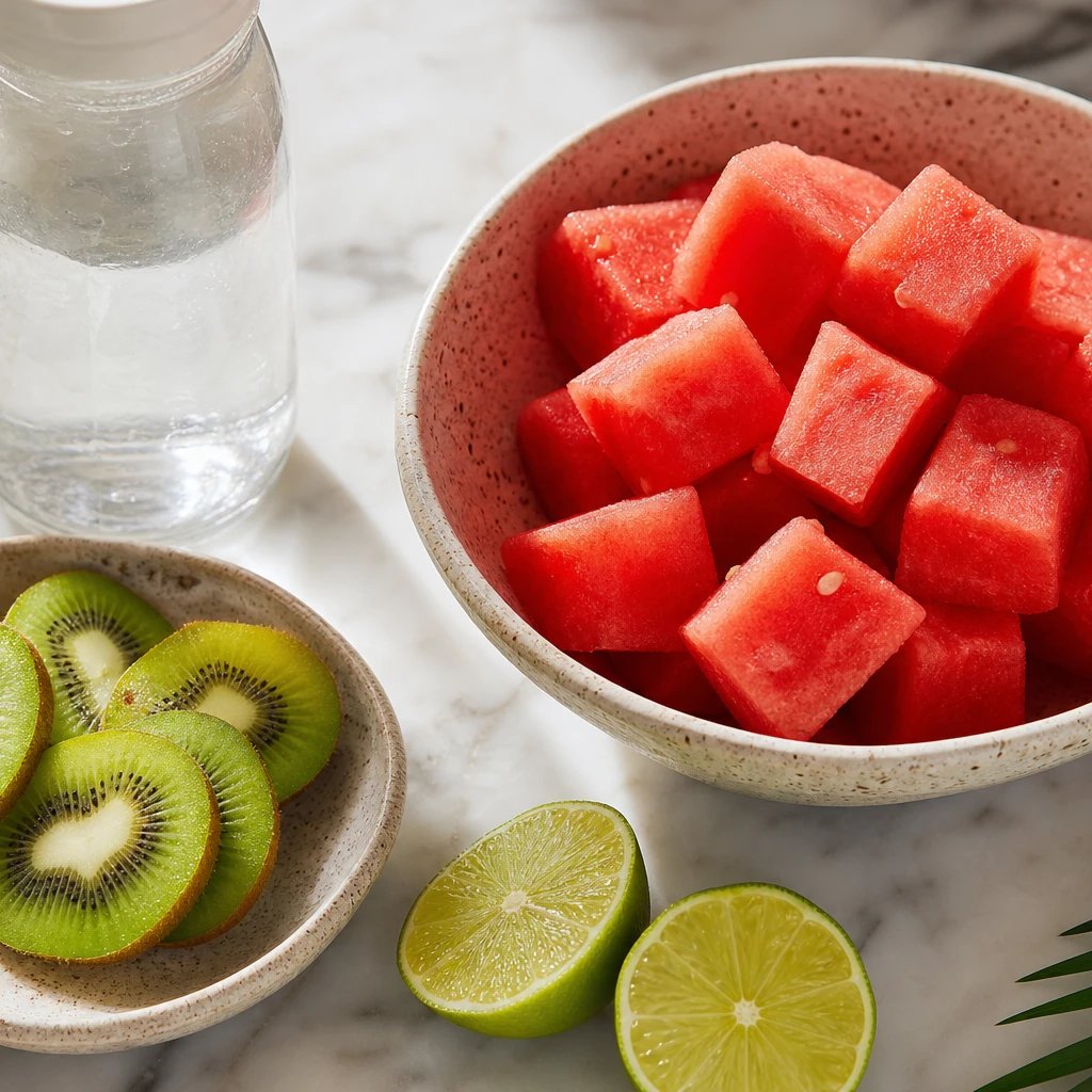 Bright watermelon kiwi and citrus fruit for juice-forward popsicle base