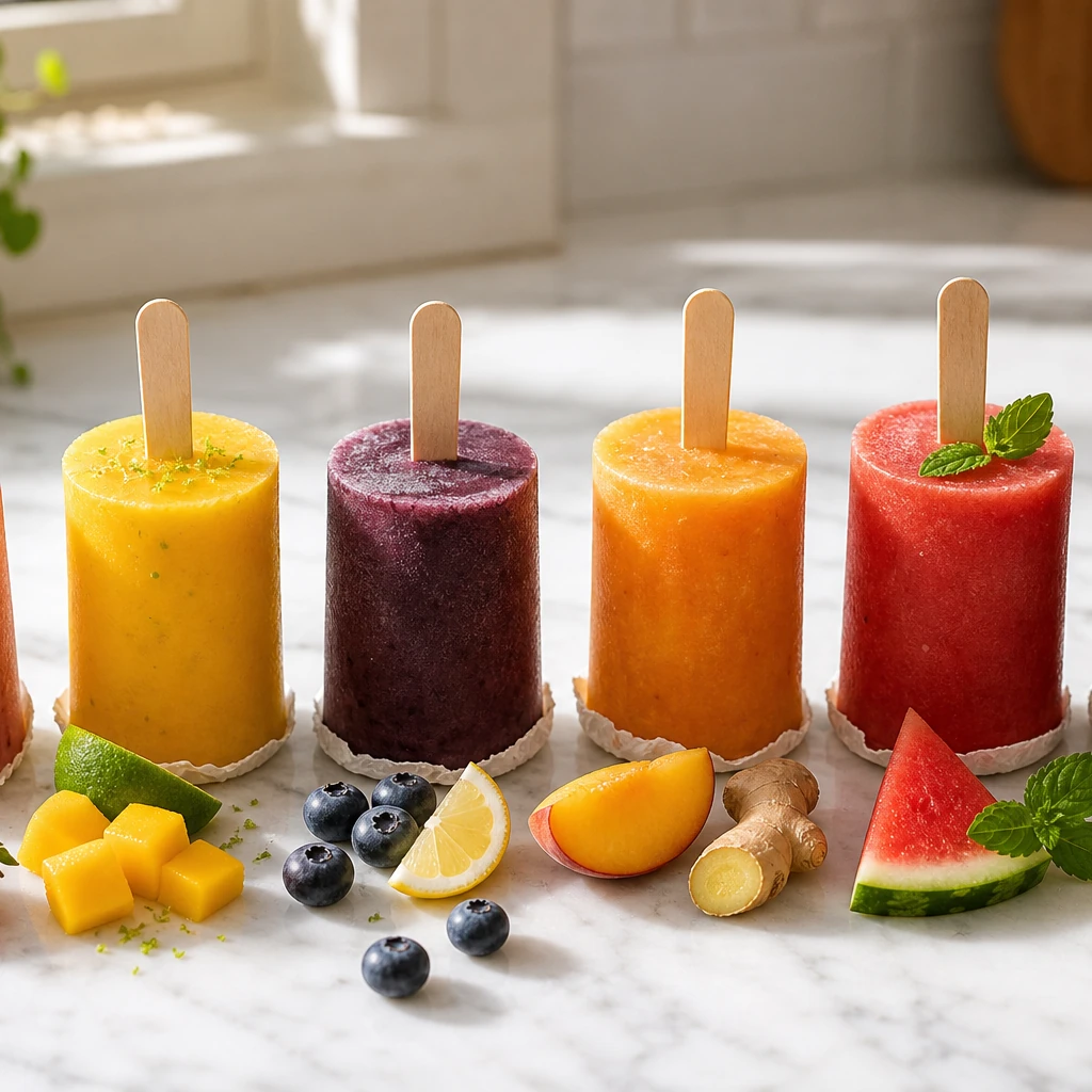 Six paper-cup homemade popsicles in strawberry-basil, mango-lime, blueberry-lemon, peach-ginger, watermelon-mint, and chocolate-banana flavors on marble