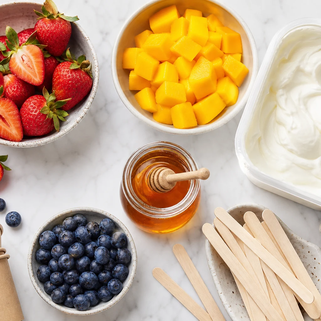 Fresh fruit, yogurt, honey, and popsicle sticks laid out for homemade popsicle prep
