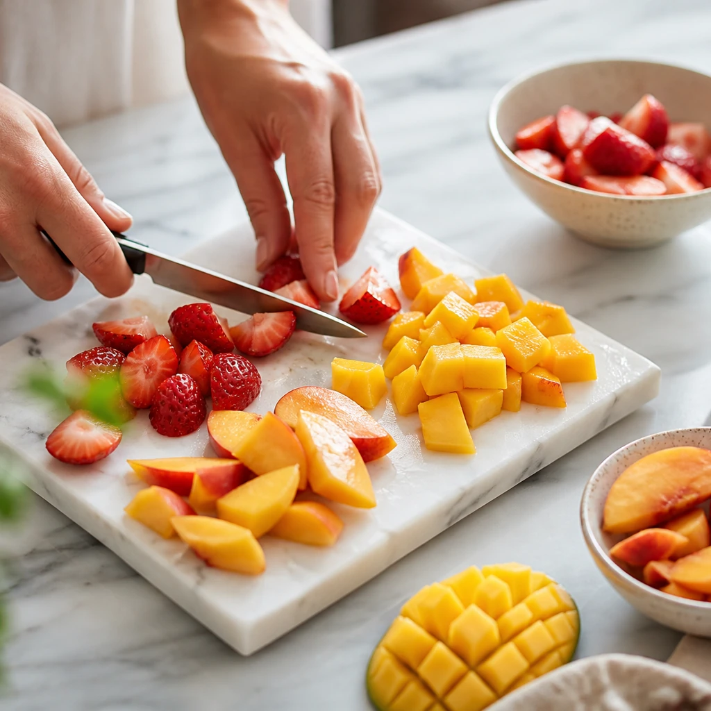 Chopped fresh strawberries peaches and mango ready for homemade popsicle prep