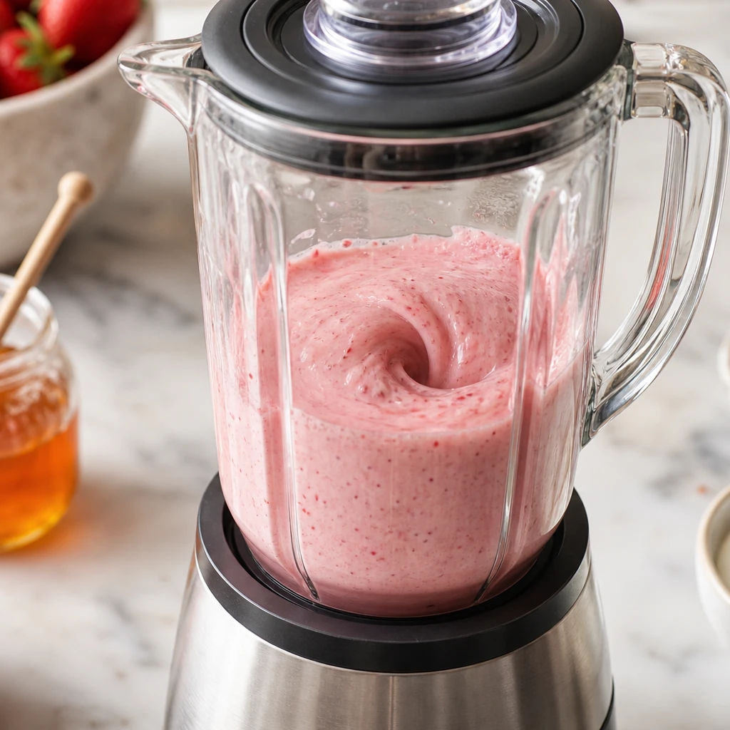 Blending fruit yogurt and honey into smooth homemade popsicle base