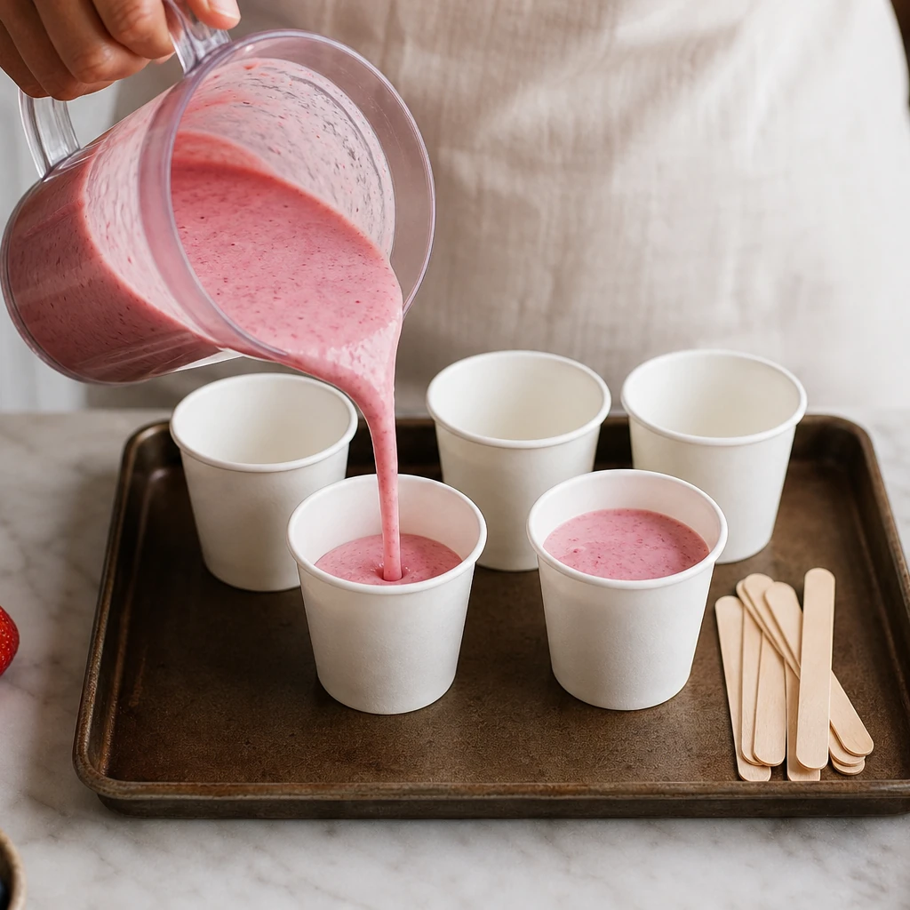 Pouring blended fruit mixture into paper cups for homemade popsicles