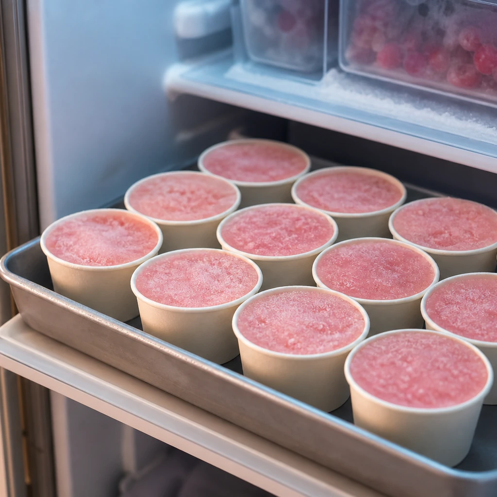 Paper cups of popsicle mixture partially frozen on a freezer tray