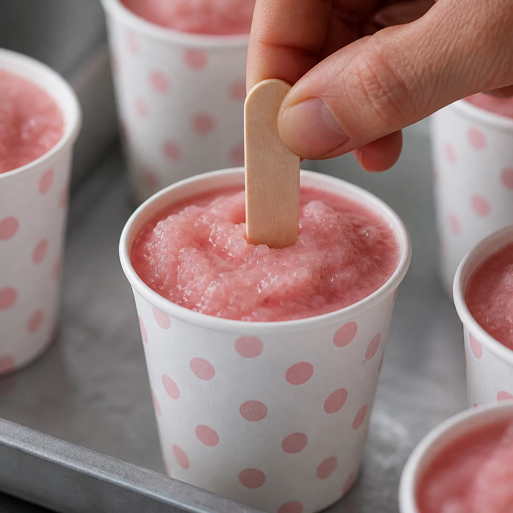 Inserting wooden popsicle sticks into slushy homemade popsicle cups