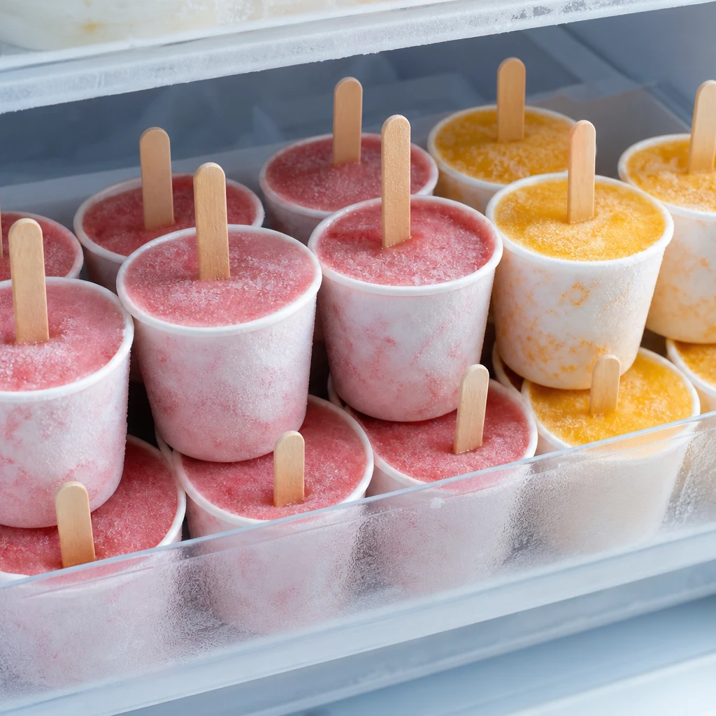 Fully frozen colorful homemade fruit popsicles stacked in the freezer