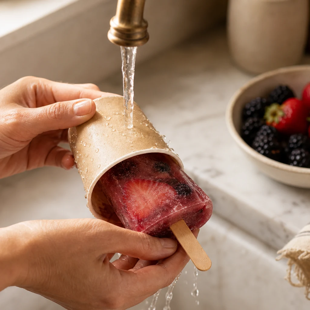 Running warm water over a paper cup to release a homemade fruit popsicle