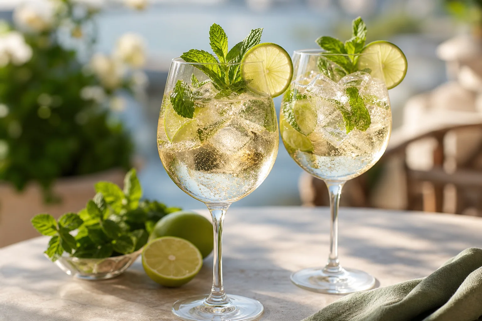 Hugo spritz cocktails in wine glasses with fresh mint lime and elderflower on a sunny outdoor table